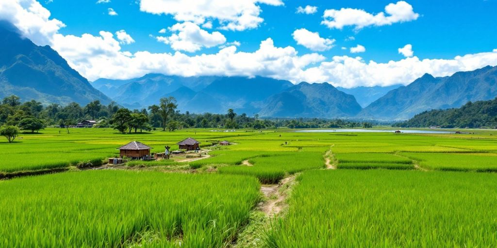 Pemandangan alam Desa Bandar dengan sawah dan rumah tradisional.