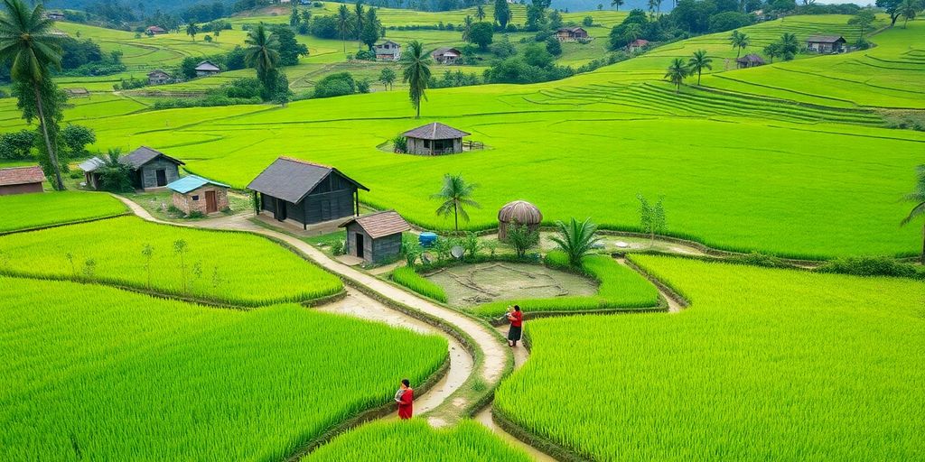 Pemandangan pedesaan Indonesia dengan sawah dan aktivitas masyarakat.